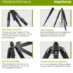 Mantona Wolverine L 284 Kamerastativ Aluminium, Fotostativ bis 15 kg, höhenverstellbar bis 166 cm, Stativ mit Spikes, Libelle, LED Lampe, als Dreibein und Einbein-Stativ nutzbar