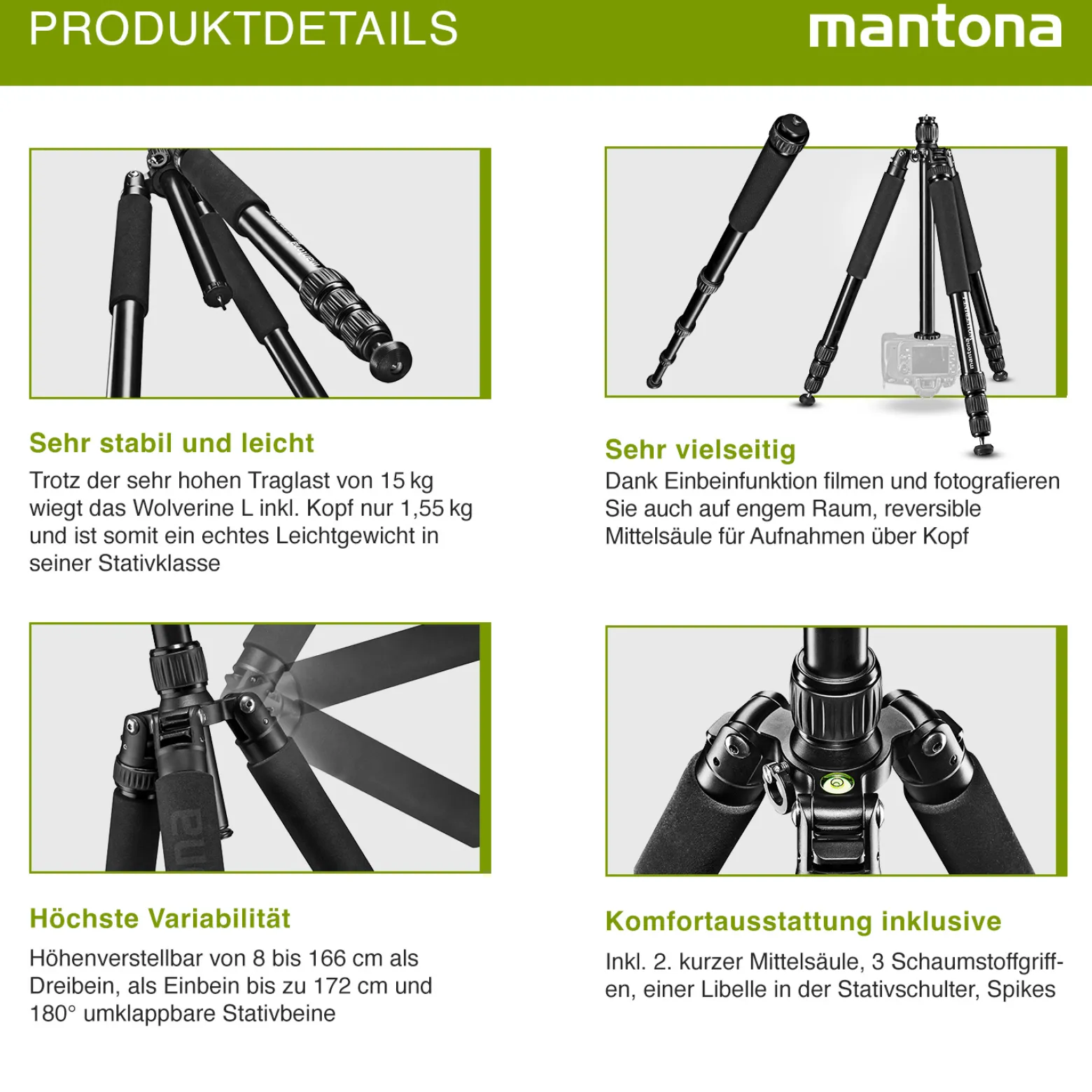 Mantona Wolverine L 284 Kamerastativ Aluminium, Fotostativ bis 15 kg, höhenverstellbar bis 166 cm, Stativ mit Spikes, Libelle, LED Lampe, als Dreibein und Einbein-Stativ nutzbar