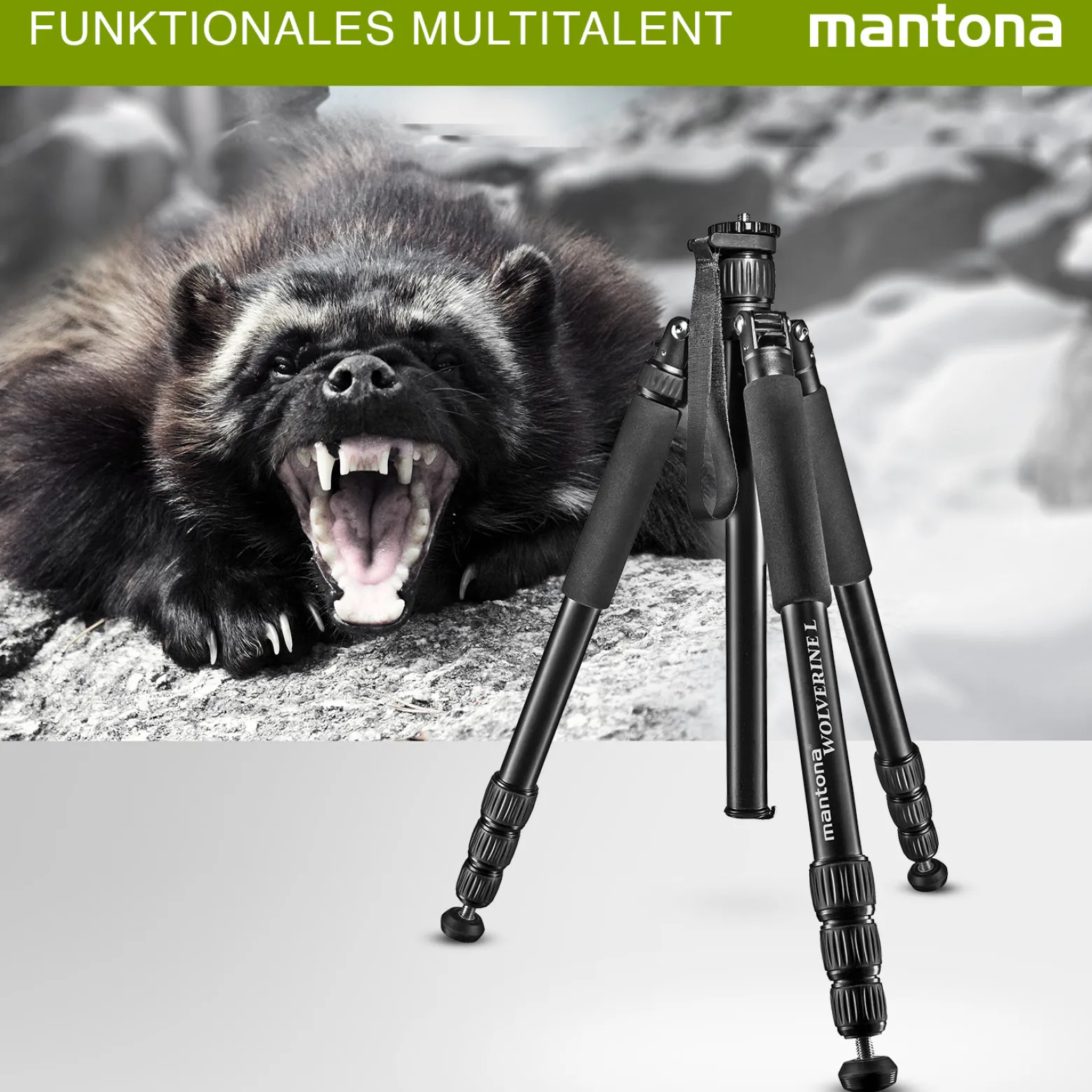 Mantona Wolverine L 284 Kamerastativ Aluminium, Fotostativ bis 15 kg, höhenverstellbar bis 166 cm, Stativ mit Spikes, Libelle, LED Lampe, als Dreibein und Einbein-Stativ nutzbar