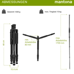 Mantona Wolverine L 284 Kamerastativ Aluminium, Fotostativ bis 15 kg, höhenverstellbar bis 166 cm, Stativ mit Spikes, Libelle, LED Lampe, als Dreibein und Einbein-Stativ nutzbar