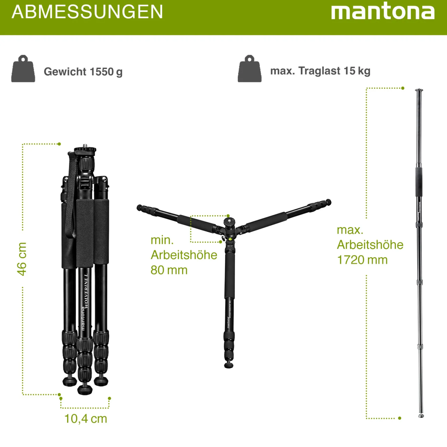 Mantona Wolverine L 284 Kamerastativ Aluminium, Fotostativ bis 15 kg, höhenverstellbar bis 166 cm, Stativ mit Spikes, Libelle, LED Lampe, als Dreibein und Einbein-Stativ nutzbar