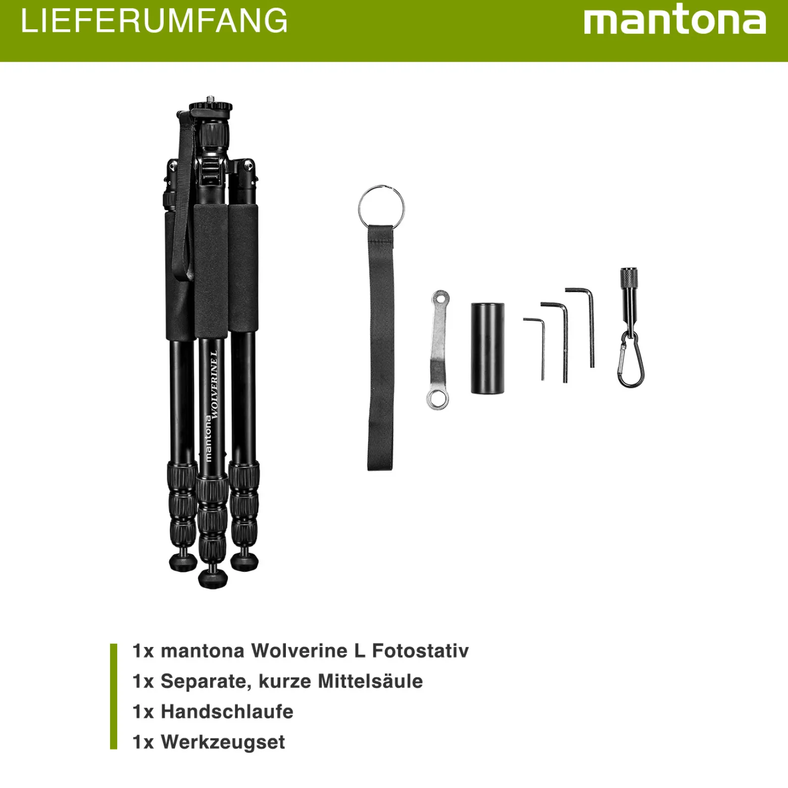 Mantona Wolverine L 284 Kamerastativ Aluminium, Fotostativ bis 15 kg, höhenverstellbar bis 166 cm, Stativ mit Spikes, Libelle, LED Lampe, als Dreibein und Einbein-Stativ nutzbar