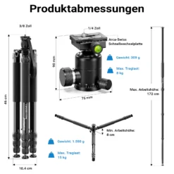 Mantona Wolverine L 284 + Onyx 8 Kugelkopf Set Fotostativ mit Stativkopf aus Aluminium mit Arca Swiss kompatibler Schnellwechselplatte