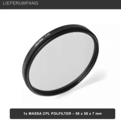 Massa CPL Polfilter - 58 x 58 x 7 mm - mehrfach vergütete Glaslinsen - für sattere Farben, verbesserte Schärfe und reduzierte Spiegelungen - Foto Kamera Zubehör