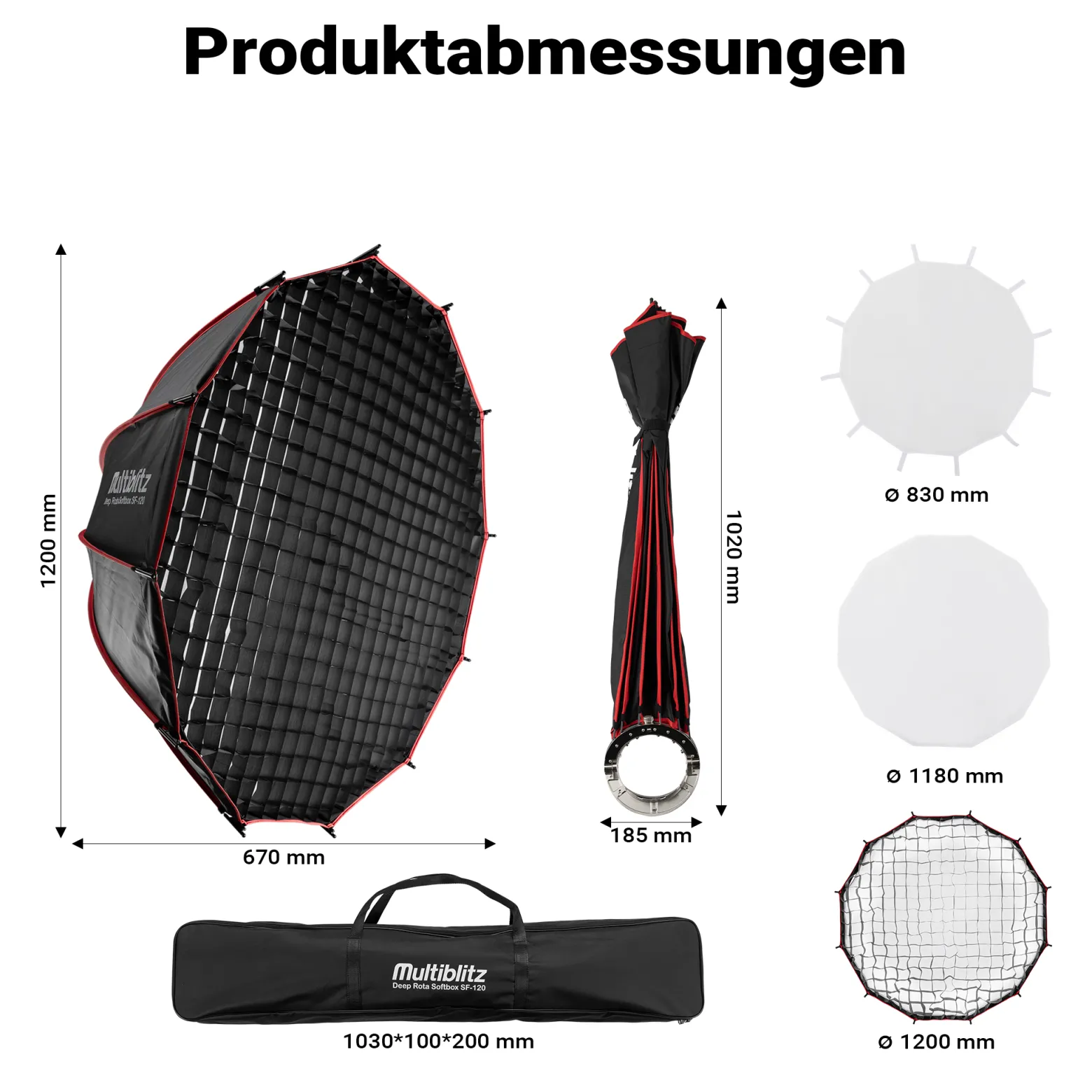 Multiblitz Deep Rota Softbox SF-120 Bowens mit Grid und Diffusoren, Lichtformer für Studioblitz und LED Dauerlicht, Lichtdiffusor für Porträtfotografie und Videobeleuchtung