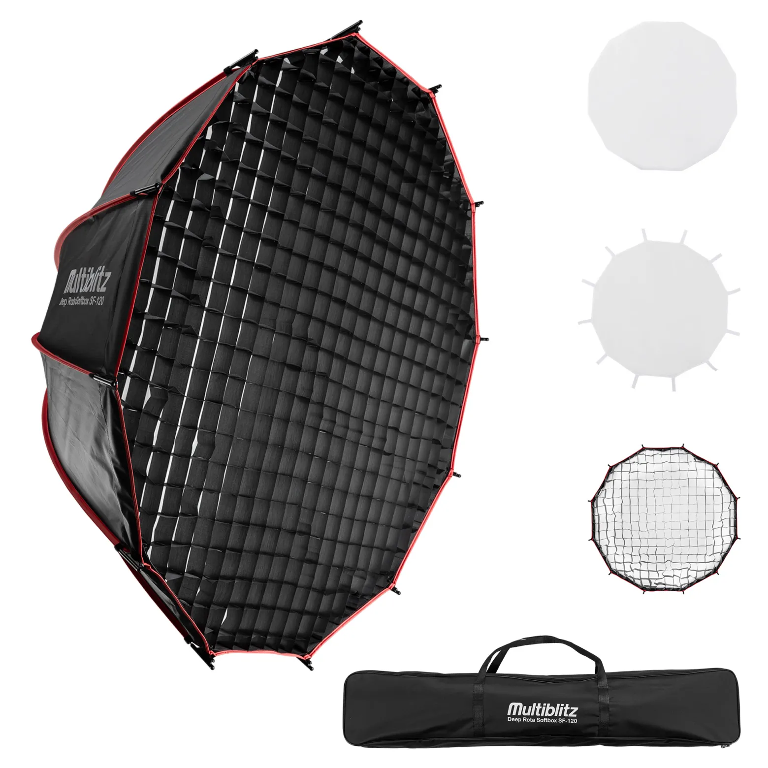 Multiblitz Deep Rota Softbox SF-120 Bowens mit Grid und Diffusoren, Lichtformer für Studioblitz und LED Dauerlicht, Lichtdiffusor für Porträtfotografie und Videobeleuchtung
