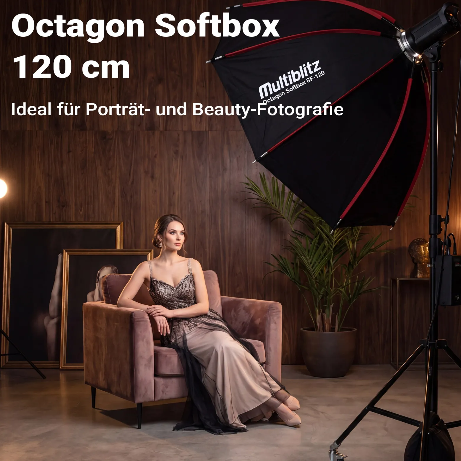 Multiblitz Octagon Softbox SF-120 Bowens mit Grid und Diffusoren, Lichtformer für Studioblitz und LED Dauerlicht, Lichtdiffusor für Porträtfotografie und Videobeleuchtung