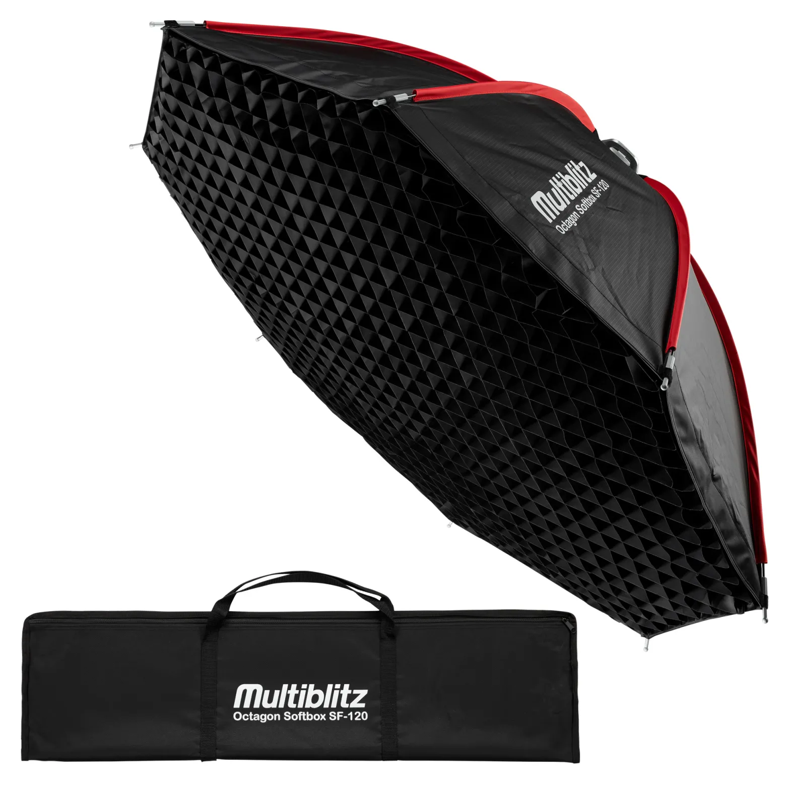 Multiblitz Octagon Softbox SF-120 Bowens mit Grid und Diffusoren, Lichtformer für Studioblitz und LED Dauerlicht, Lichtdiffusor für Porträtfotografie und Videobeleuchtung