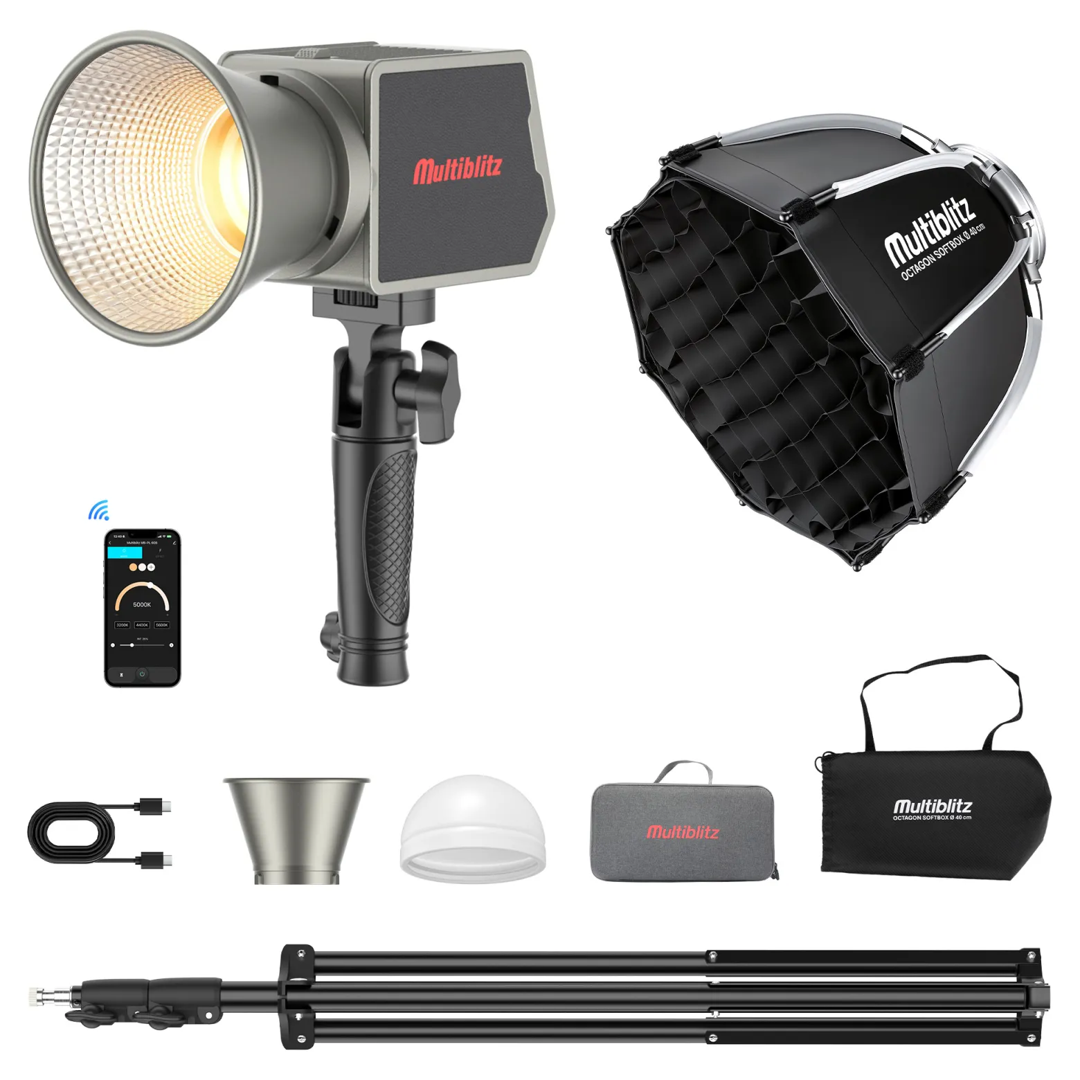 Multiblitz Set aus MB-PL LED 60B Fotolicht mit FT-8051 Lampenstativ und Octagon Softbox Ø 40 cm