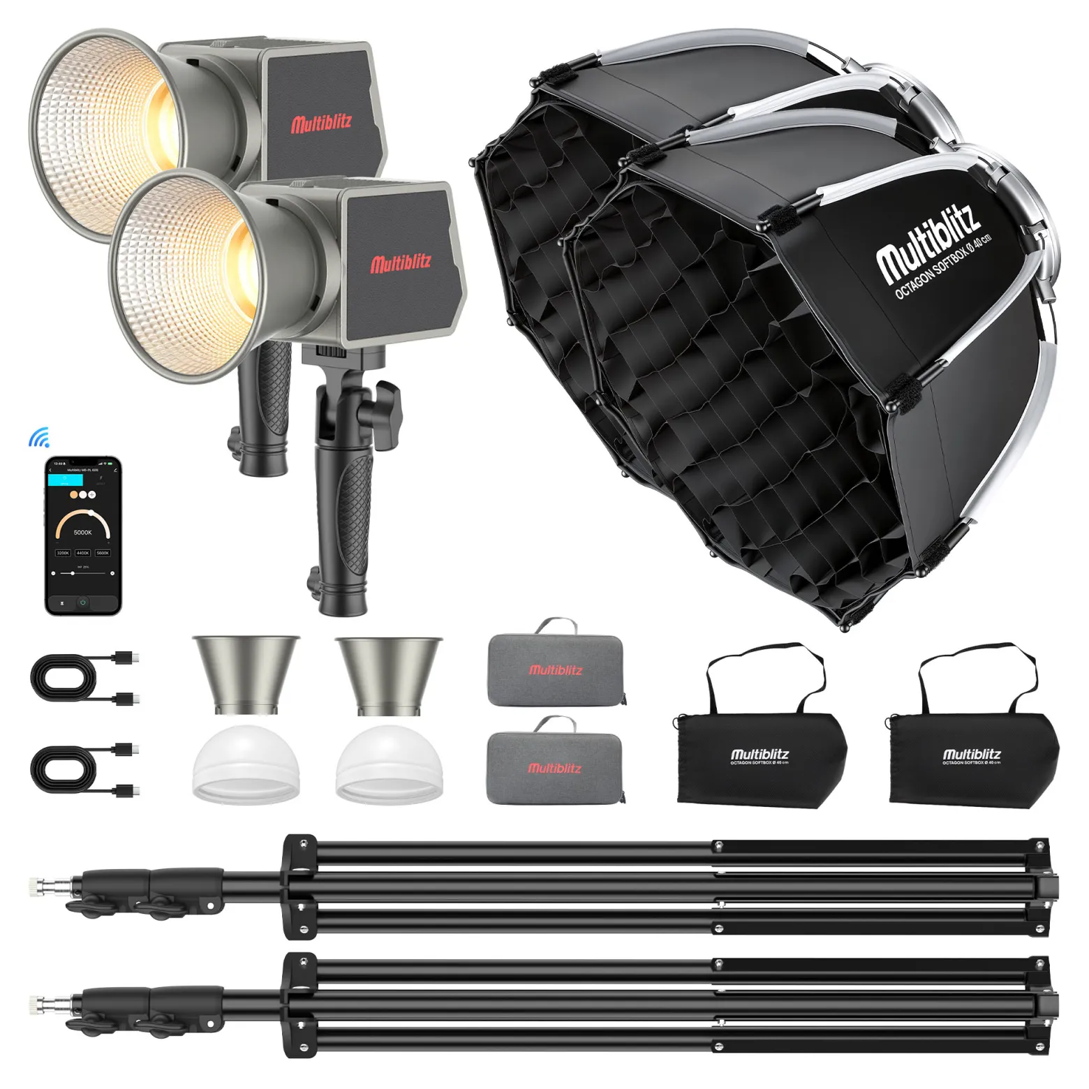 Multiblitz Set aus 2x LED 60B Fotolicht mit 2x FT-8051 Lampenstativ und 2x Octagon Softbox Ø 40 cm