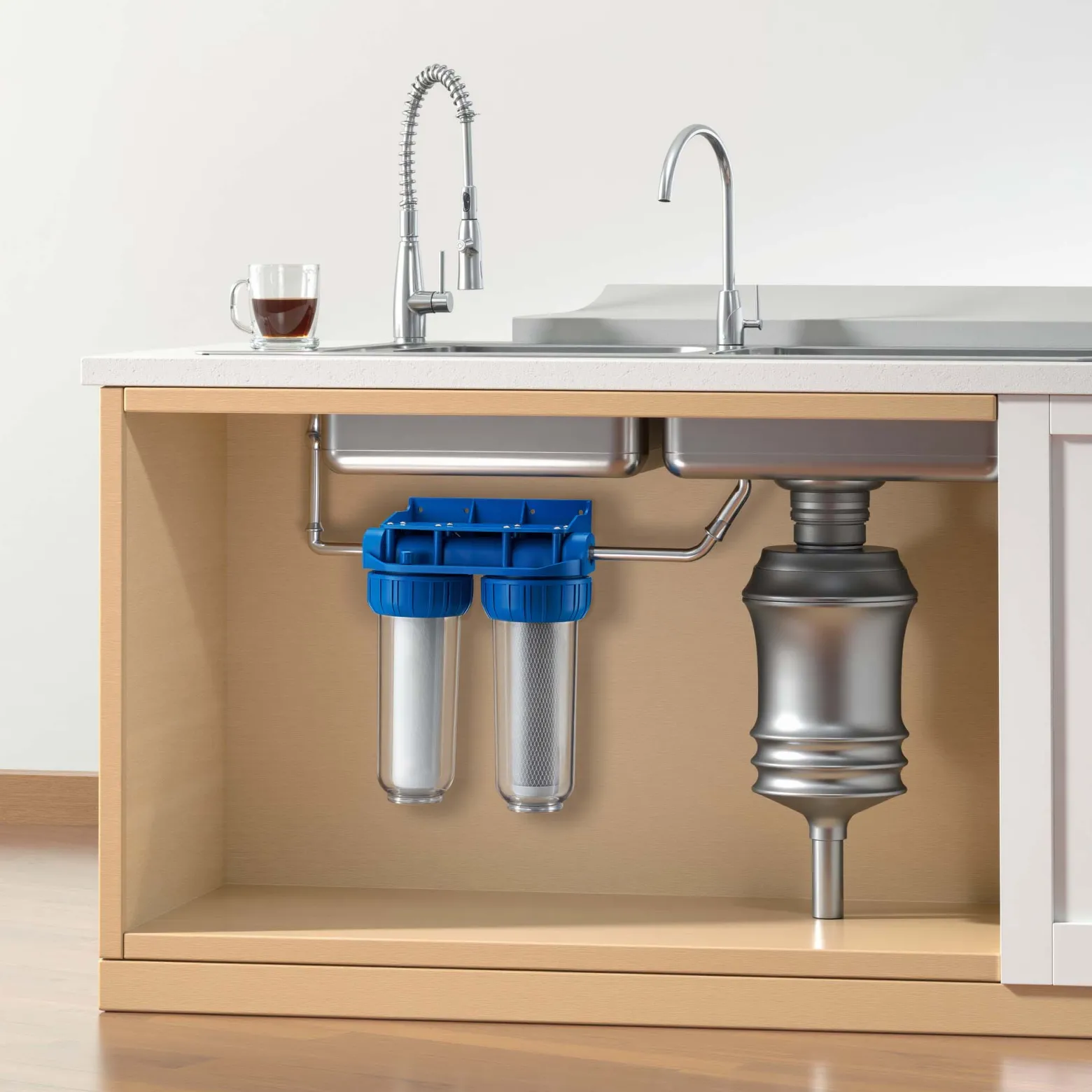 Naturewater NW-BR10B3 2 Stufen Wasserfilter Doppelfilter, 5 µ, 20,67 mm (1/2"), Ø62 mm PP Kartusche, Filter Wandhalterung, Filterschlüssel, Sedimentfilter Aktivkohleblock