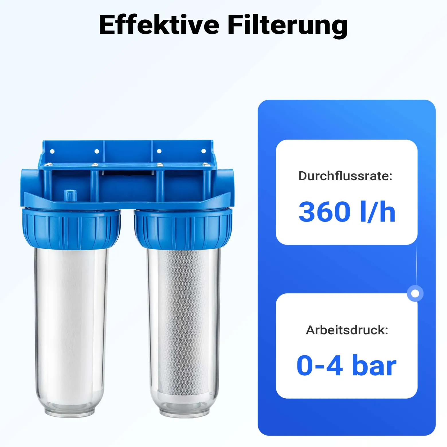 Naturewater NW-BR10B3 2 Stufen Wasserfilter Doppelfilter, 5 µ, 20,67 mm (1/2"), Ø62 mm PP Kartusche, Filter Wandhalterung, Filterschlüssel, Sedimentfilter Aktivkohleblock