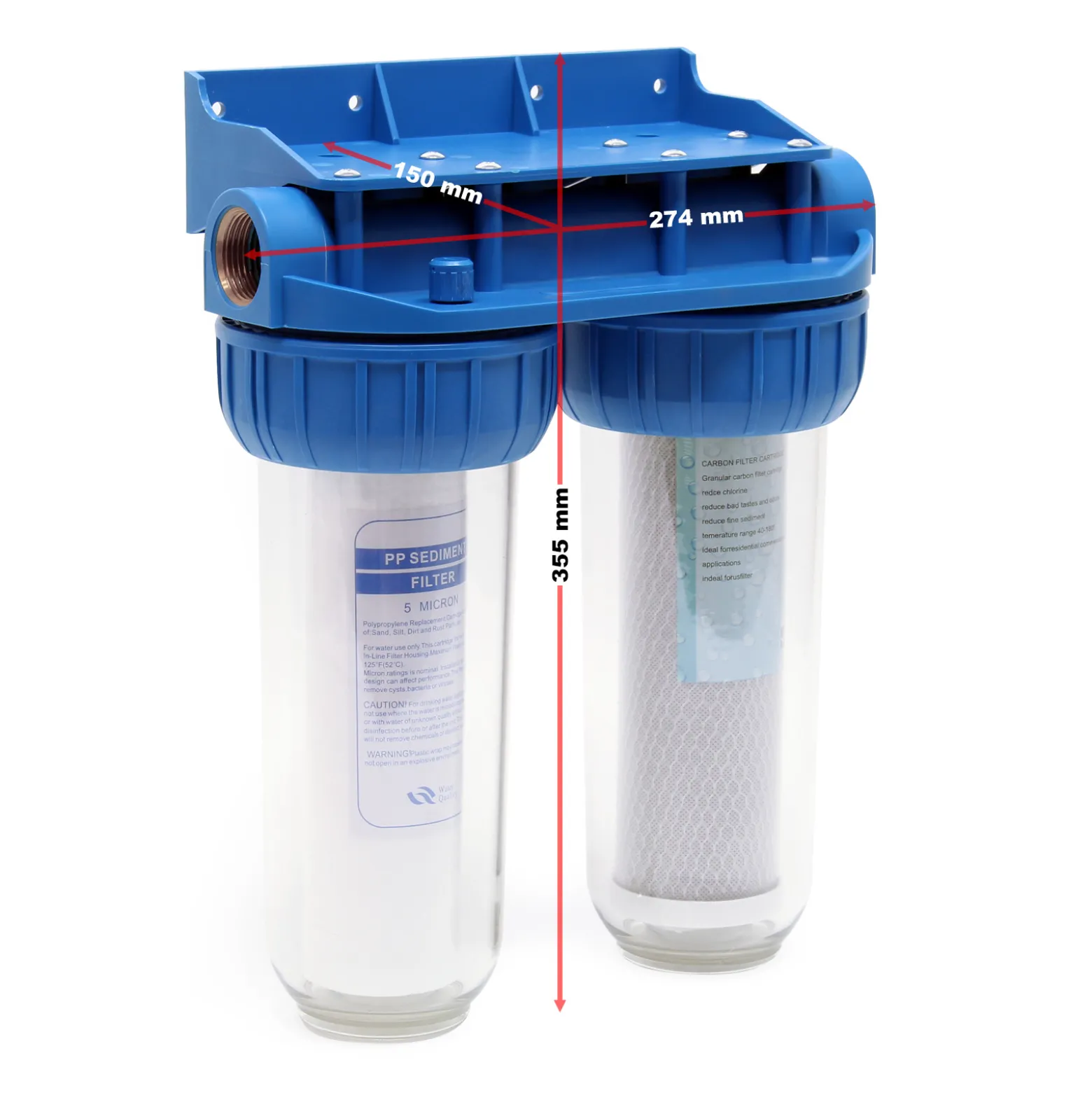 Naturewater NW-BR10B3 2 Stufen Wasserfilter Doppelfilter, 5 µ, 26,16 mm (3/4"), Ø62 mm PP Kartusche, Filter Wandhalterung, Filterschlüssel, Sedimentfilter Aktivkohleblock