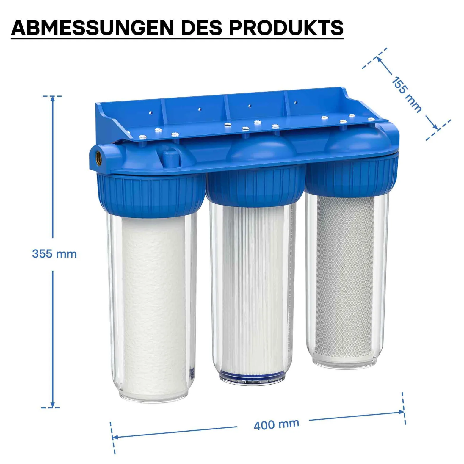 Naturewater NW-BR10B4 3 Stufen Wasserfilter, 5 µ, 26,16 mm (3/4"), Ø60 mm PP Kartusche, Filter Wandhalterung, Filterschlüssel, Sedimentfilter Aktivkohleblock Aktivkohlegranulat