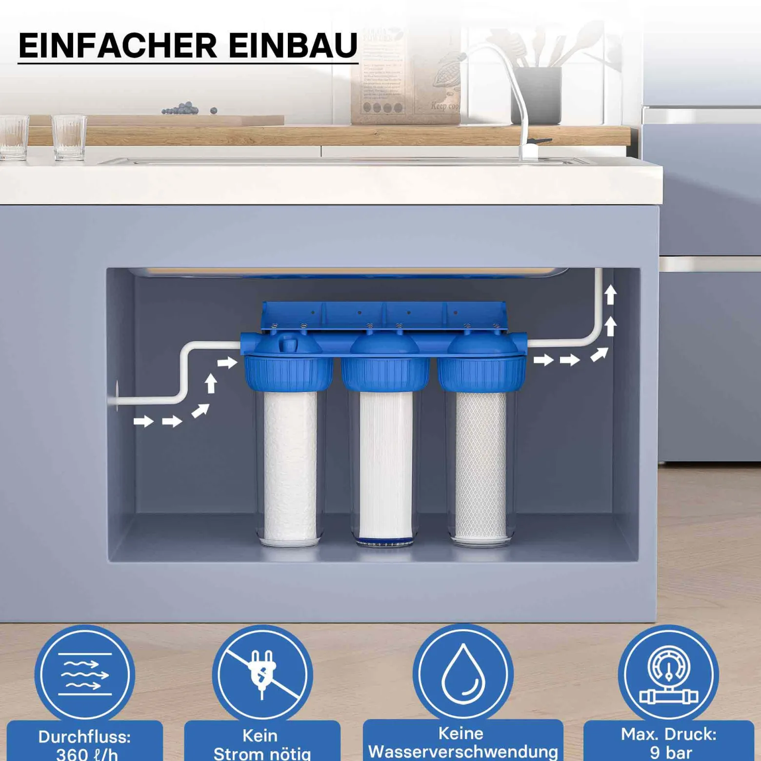 Naturewater NW-BR10B4 3 Stufen Wasserfilter, 5 µ, 26,16 mm (3/4"), Ø60 mm PP Kartusche, Filter Wandhalterung, Filterschlüssel, Sedimentfilter Aktivkohleblock Aktivkohlegranulat