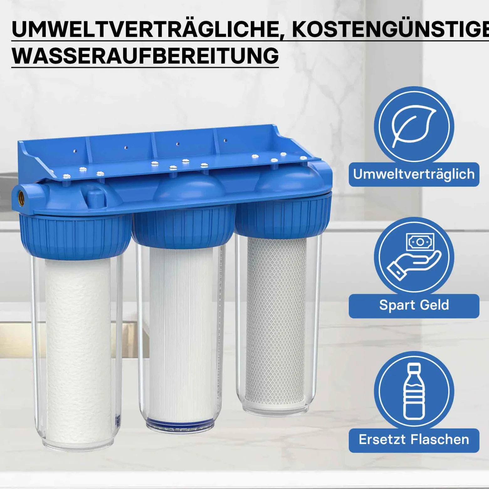 Naturewater NW-BR10B4 3 Stufen Wasserfilter, 5 µ, 26,16 mm (3/4"), Ø60 mm PP Kartusche, Filter Wandhalterung, Filterschlüssel, Sedimentfilter Aktivkohleblock Aktivkohlegranulat