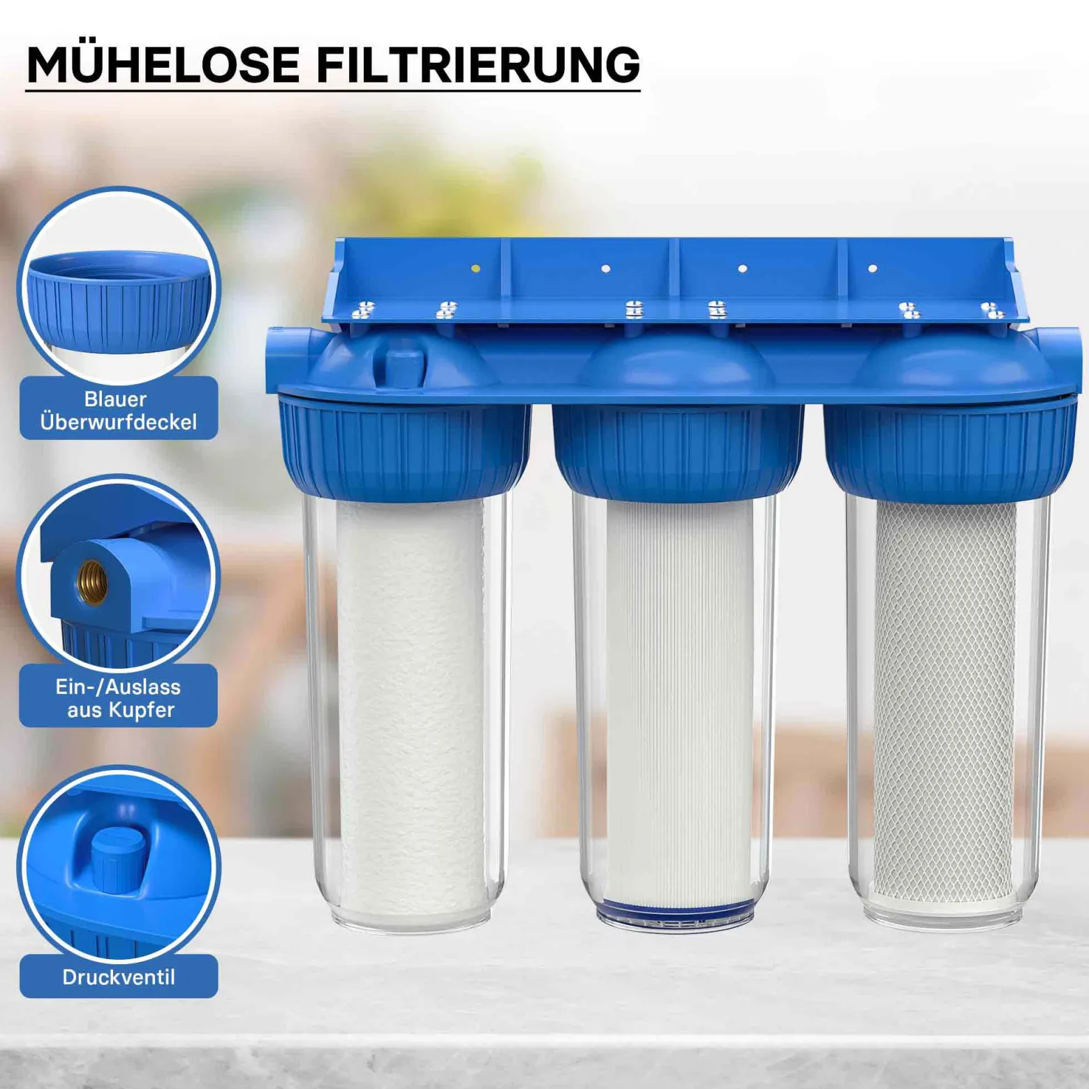 Naturewater NW-BR10B4 3 Stufen Wasserfilter, 5 µ, 26,16 mm (3/4"), Ø60 mm PP Kartusche, Filter Wandhalterung, Filterschlüssel, Sedimentfilter Aktivkohleblock Aktivkohlegranulat