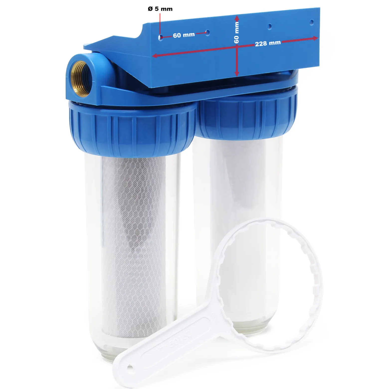 Naturewater NW-BR10B3 2 Stufen Wasserfilter Doppelfilter, 5 µ, 32,89 mm (1"), Ø62 mm PP Kartusche, Filter Wandhalterung, Filterschlüssel, Sedimentfilter Aktivkohleblock