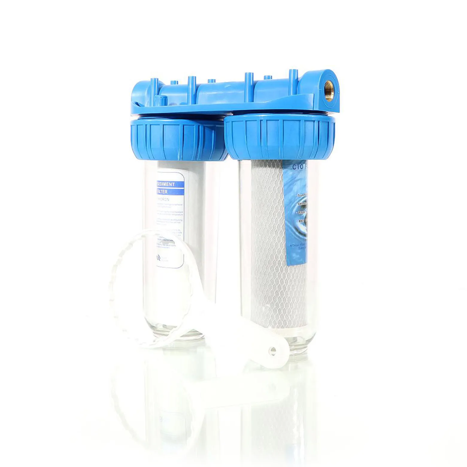 Naturewater NW-BR10B3 2 Stufen Wasserfilter Doppelfilter, 5 µ, 32,89 mm (1"), Ø62 mm PP Kartusche, Filter Wandhalterung, Filterschlüssel, Sedimentfilter Aktivkohleblock