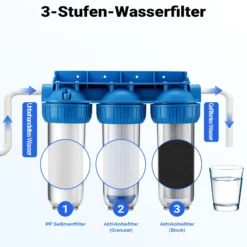 Naturewater NW-BR10B4 3 Stufen Wasserfilter, 5 µ, 20,67 mm (1/2"), Ø60 mm PP Kartusche, Filter Wandhalterung, Filterschlüssel, Sedimentfilter Aktivkohleblock Aktivkohlegranulat