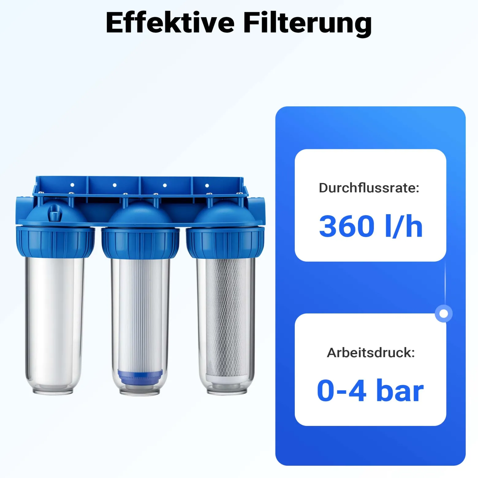 Naturewater NW-BR10B4 3 Stufen Wasserfilter, 5 µ, 20,67 mm (1/2"), Ø60 mm PP Kartusche, Filter Wandhalterung, Filterschlüssel, Sedimentfilter Aktivkohleblock Aktivkohlegranulat