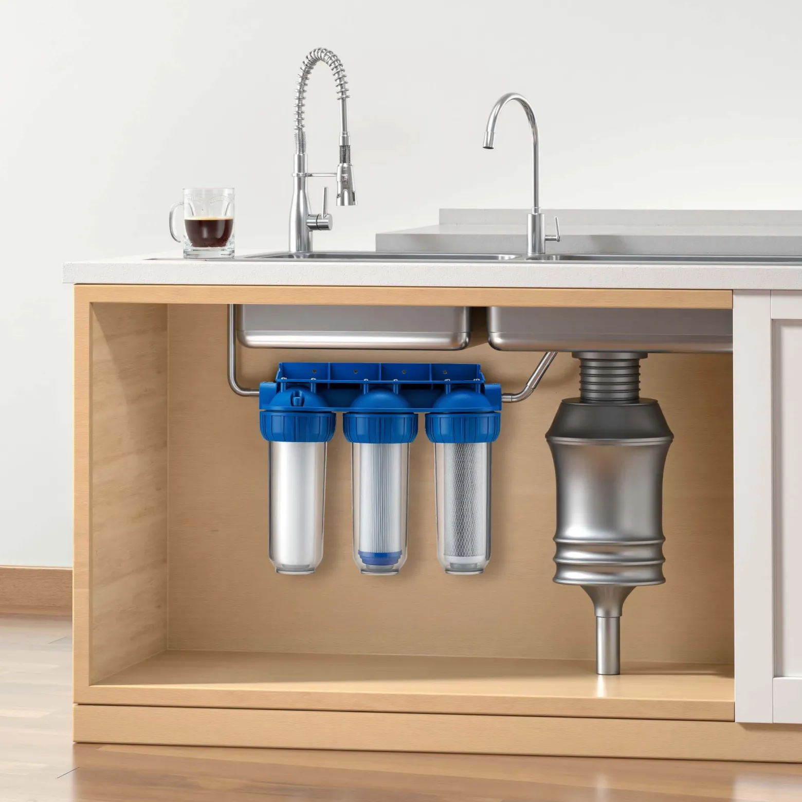 Naturewater NW-BR10B4 3 Stufen Wasserfilter, 5 µ, 20,67 mm (1/2"), Ø60 mm PP Kartusche, Filter Wandhalterung, Filterschlüssel, Sedimentfilter Aktivkohleblock Aktivkohlegranulat