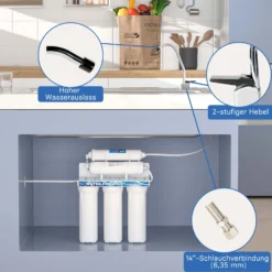 Naturewater NW-PR305 5 Stufen Wasserfilter, 5 µ, PP Kartusche, Untertischfilter Wandhalterung, Filterschlüssel, Sedimentfilter Aktivkohle, Wasserhahn, 2,5m Schlauch, Kurzdreiwegeventil, Kugelhahn
