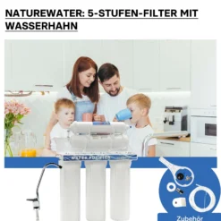 Naturewater NW-PR305 5 Stufen Wasserfilter, 5 µ, PP Kartusche, Untertischfilter Wandhalterung, Filterschlüssel, Sedimentfilter Aktivkohle, Wasserhahn, 2,5m Schlauch, Kurzdreiwegeventil, Kugelhahn