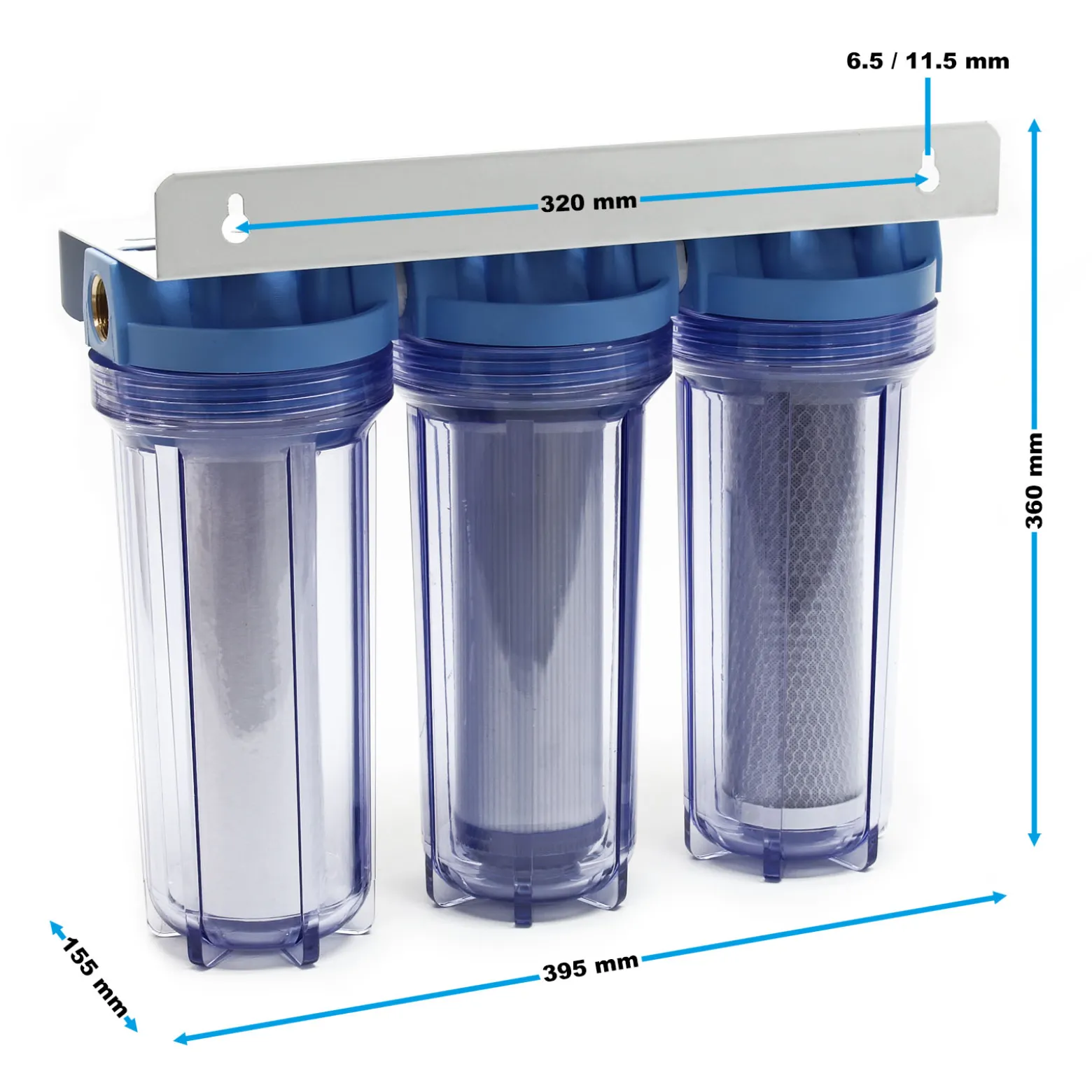 Naturewater NW-PR103 3 Stufen Wasserfilter, 5 µ, 26,16 mm (3/4"), Ø62 mm PP Kartusche, Filter Wandhalterung, Filterschlüssel, Sedimentfilter Aktivkohleblock Aktivkohlegranulat