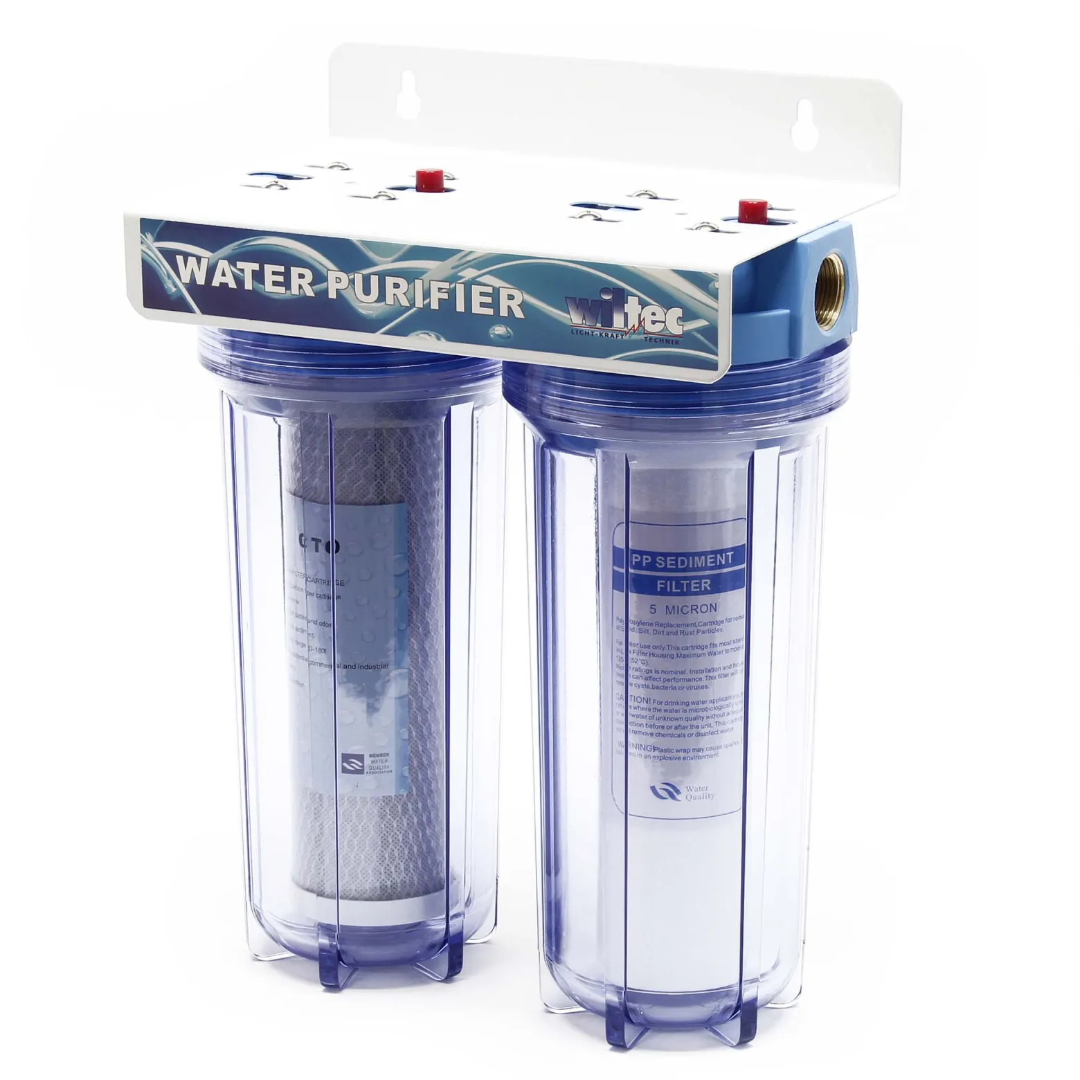 Naturewater NW-PR102 2 Stufen Wasserfilter Doppelfilter, 5 µ, 26,16 mm (3/4"), Ø62 mm PP Kartusche, Filter Wandhalterung, Filterschlüssel, Sedimentfilter Aktivkohleblock