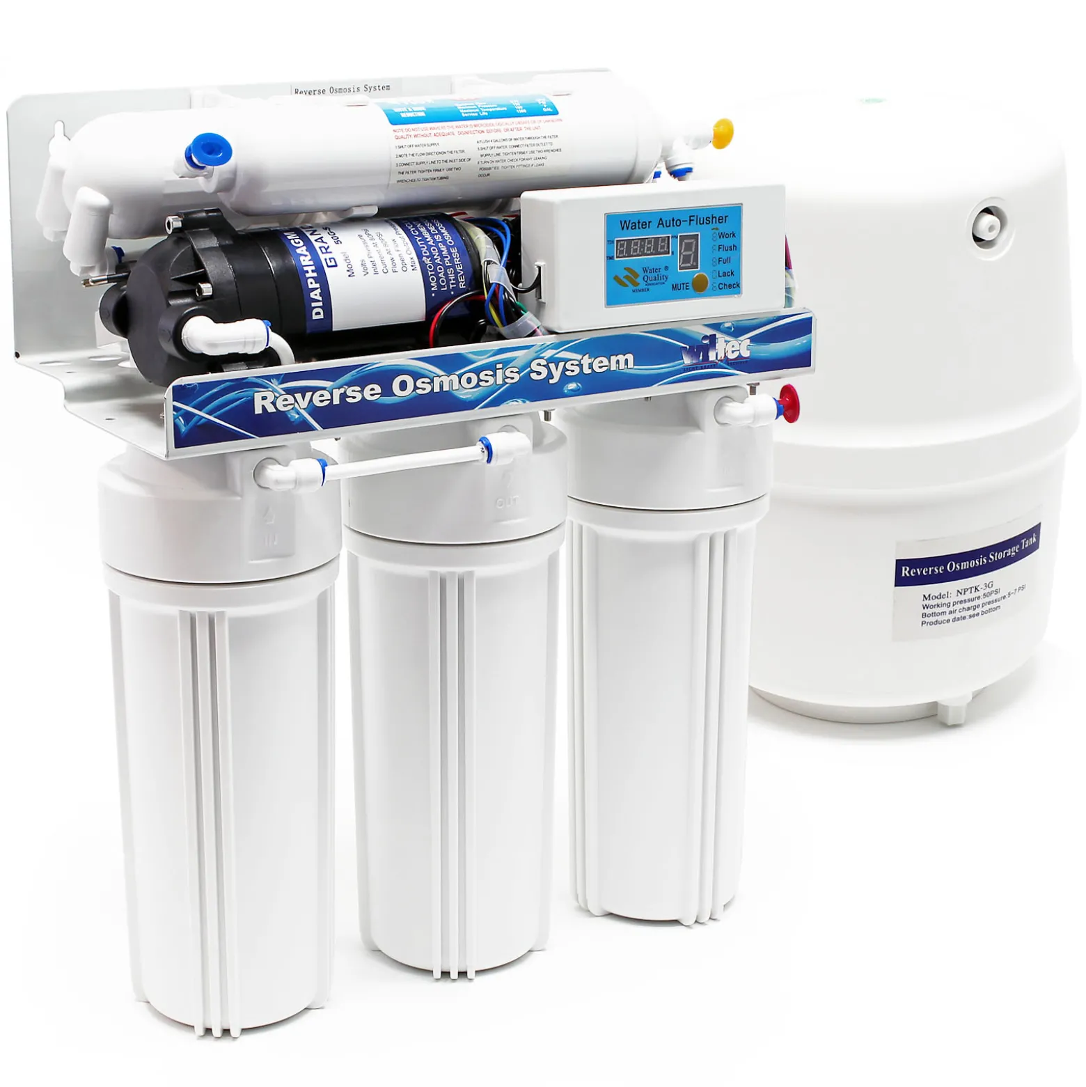 Naturewater NW-RO50-D1 Umkehrosmoseanlage 190 L/Tag, 5-stufiges Trinkwasser Filtrationssystem, Osmose System mit Druckerhöhungspumpe