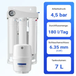 Naturewater NW-RO50-G1 5 Stufen Umkehrosmose 180 L/Tag mit Rahmen und Druckanzeige, RO Omsoseanlage für sauberes Trinkwasser