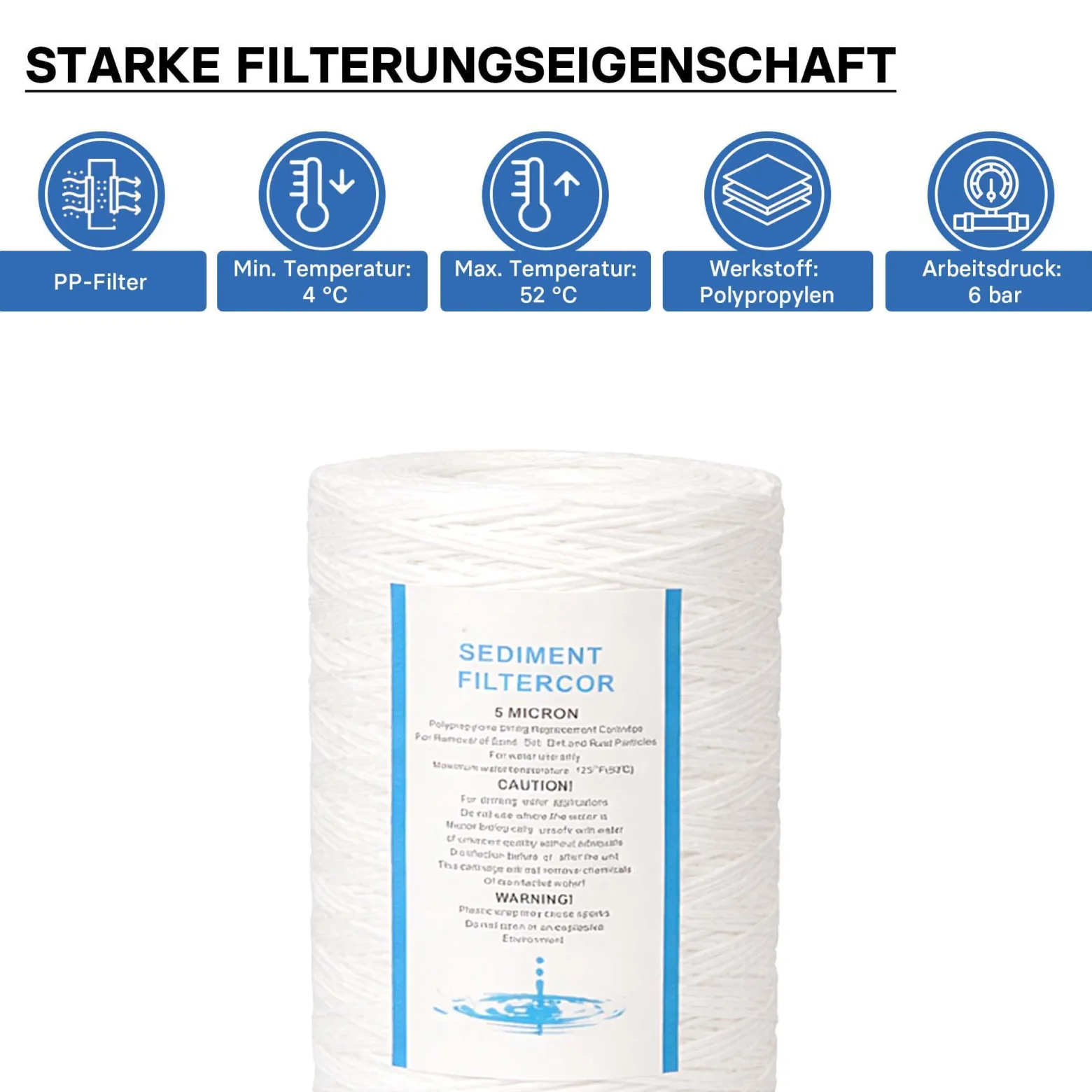 Naturewater PPW-10A 5 µ Baumwollfilter Einsatz Kartusche 254 mm (10 Zoll), Wasserfilter Kartusche, Filterpatrone für Trinkwasser Umkehrosmoseanlage