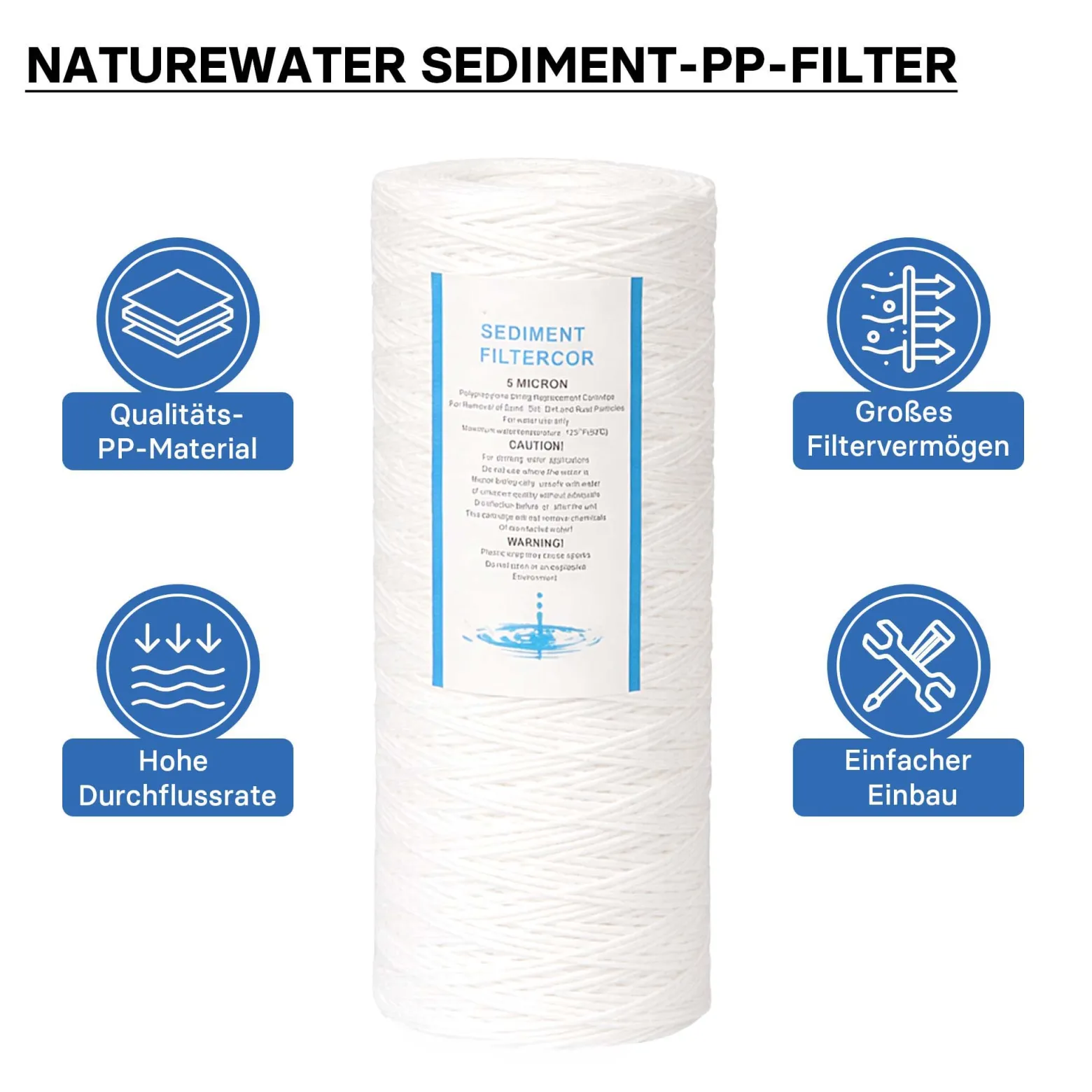 Naturewater PPW-10A 5 µ Baumwollfilter Einsatz Kartusche 254 mm (10 Zoll), Wasserfilter Kartusche, Filterpatrone für Trinkwasser Umkehrosmoseanlage