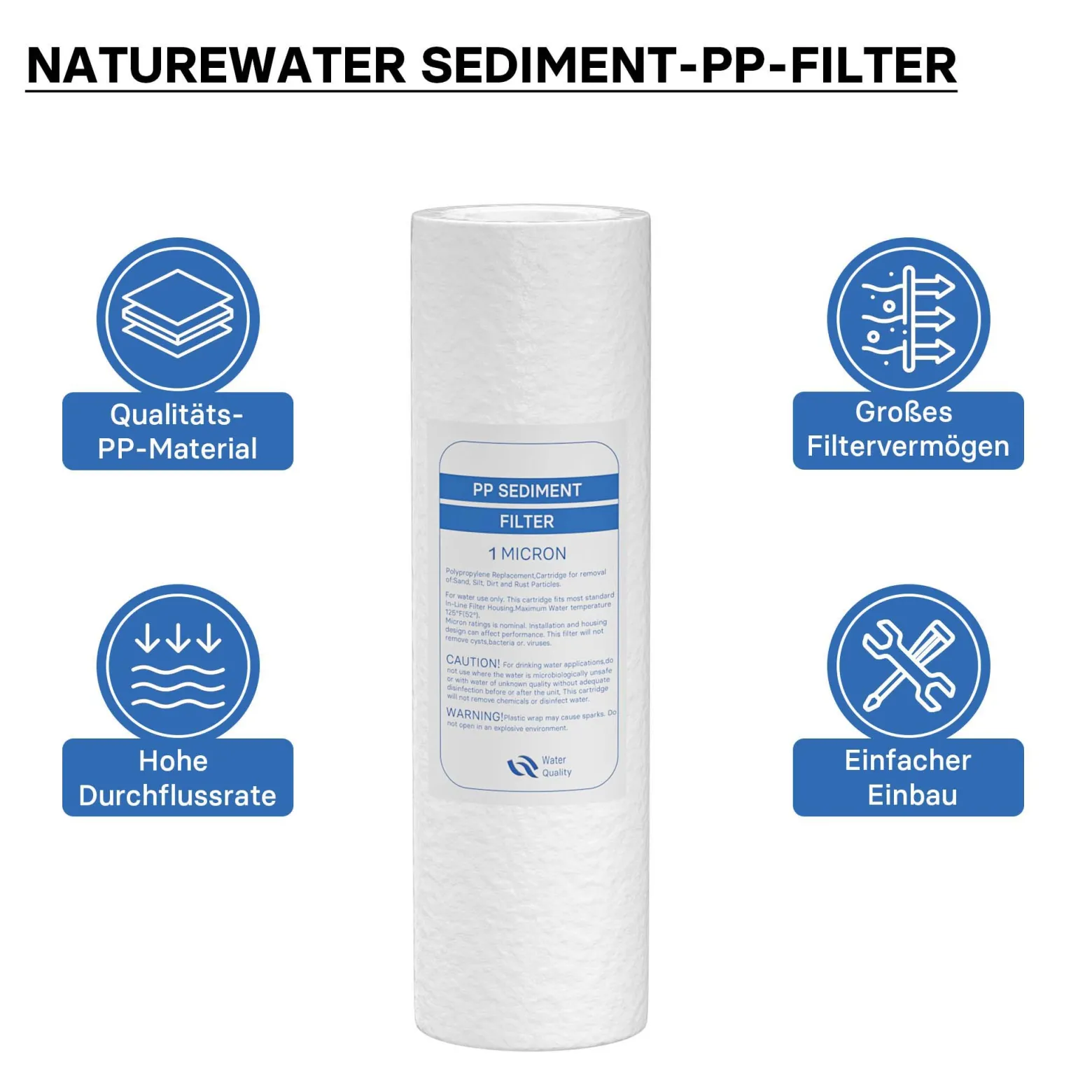 Naturewater Sedimentfilter 1 µ Kartusche 254 mm (10 Zoll) PP, Wasserfilter Ersatzkartusche für Umkehrosmoseanlage, Filterpatrone für Trinkwasser Hauswasseranlage