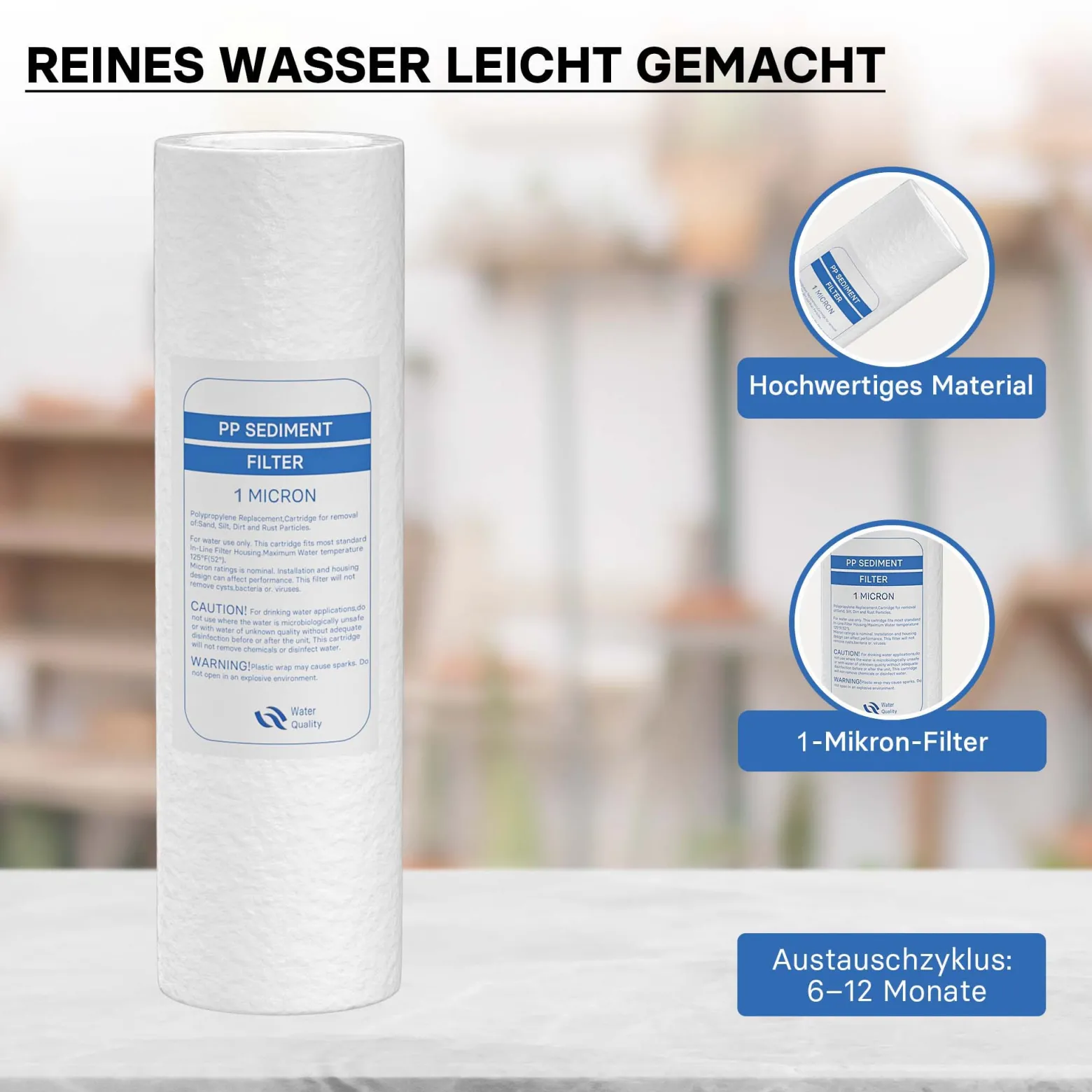 Naturewater Sedimentfilter 1 µ Kartusche 254 mm (10 Zoll) PP, Wasserfilter Ersatzkartusche für Umkehrosmoseanlage, Filterpatrone für Trinkwasser Hauswasseranlage