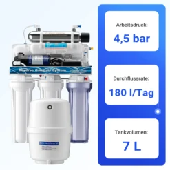 Naturewater 6 Stufen Umkehrosmose 180 L/Tag, RO Omsoseanlage mit UV Klärer und Druckerhöhungspumpe für sauberes Trinkwasser