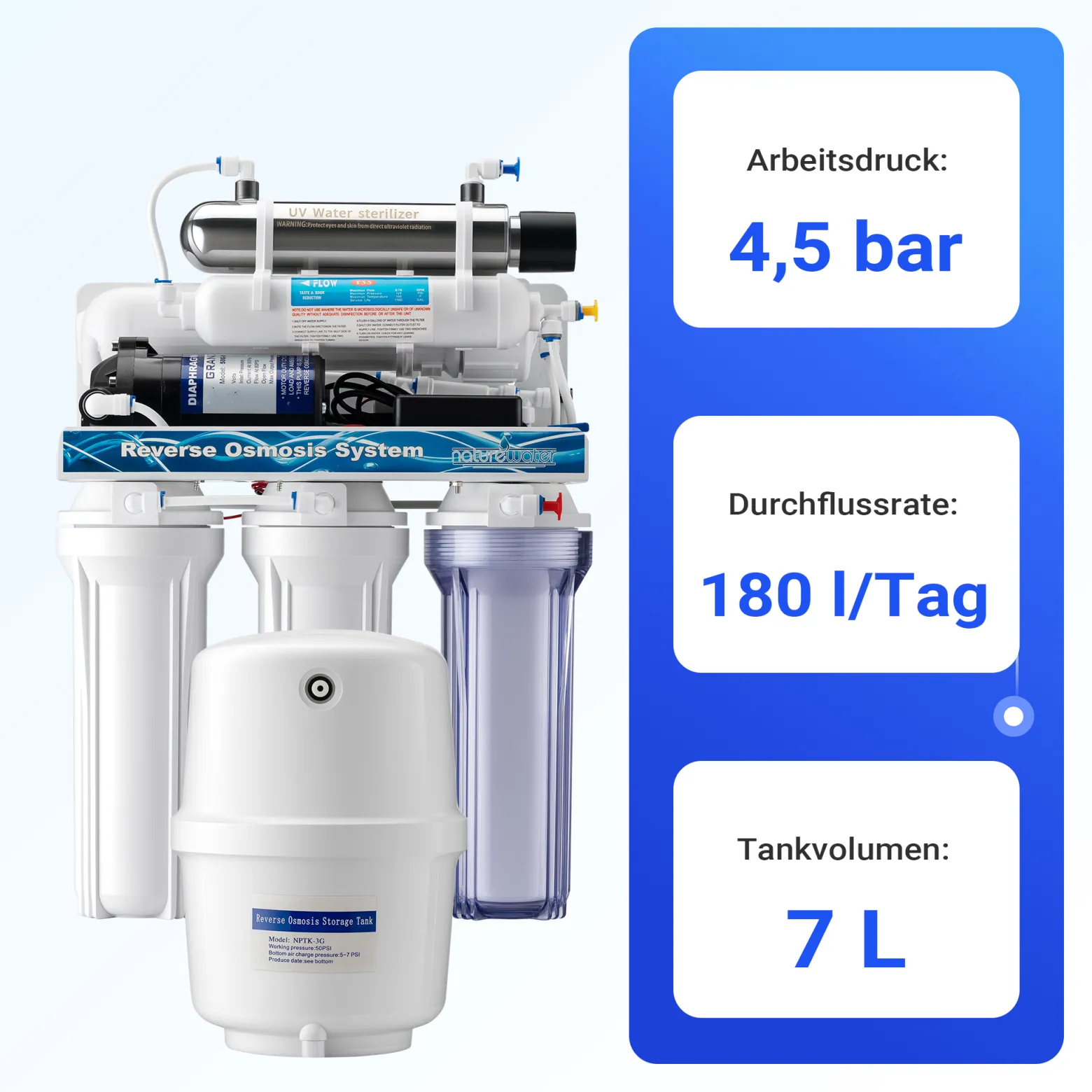 Naturewater 6 Stufen Umkehrosmose 180 L/Tag, RO Omsoseanlage mit UV Klärer und Druckerhöhungspumpe für sauberes Trinkwasser