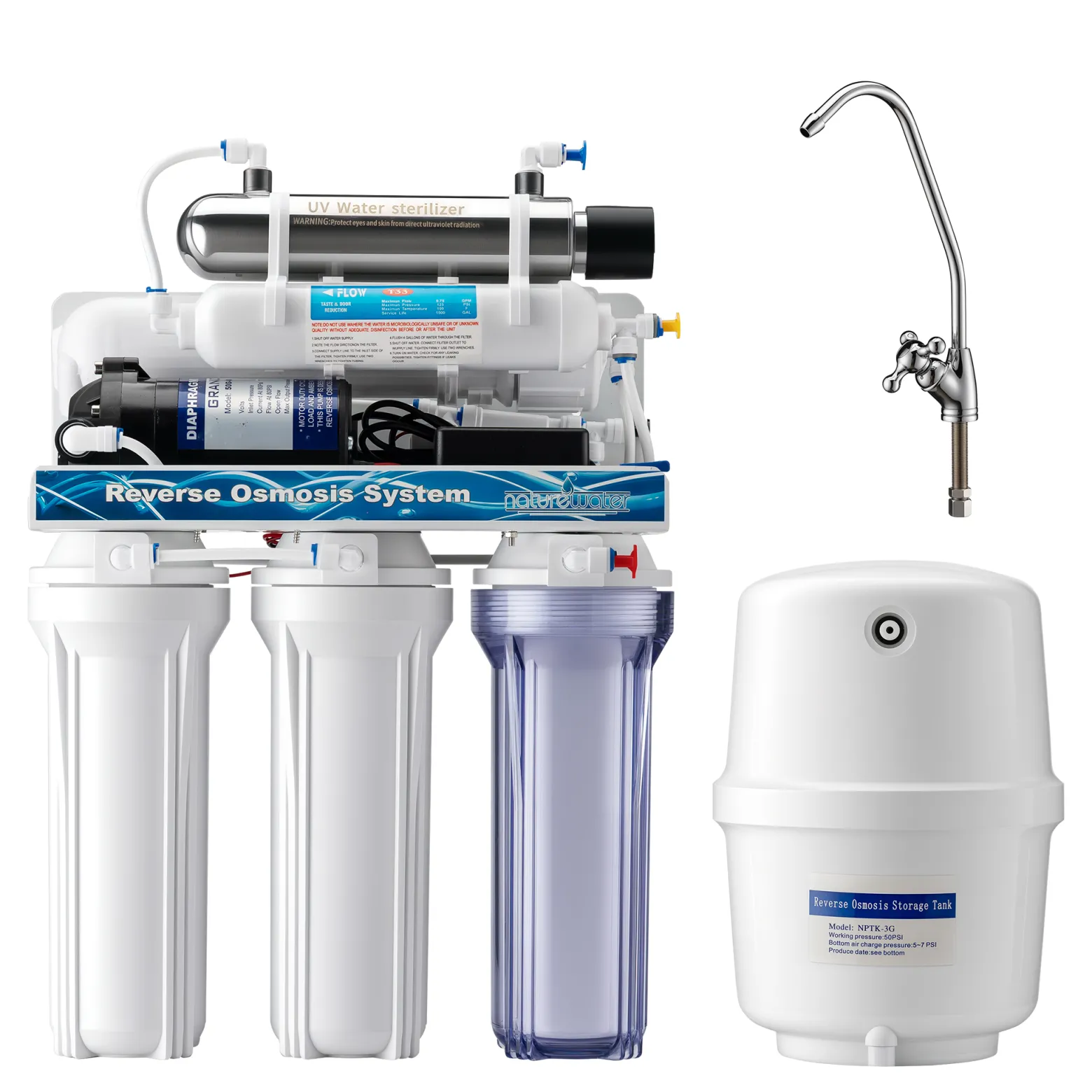 Naturewater 6 Stufen Umkehrosmose 180 L/Tag, RO Omsoseanlage mit UV Klärer und Druckerhöhungspumpe für sauberes Trinkwasser