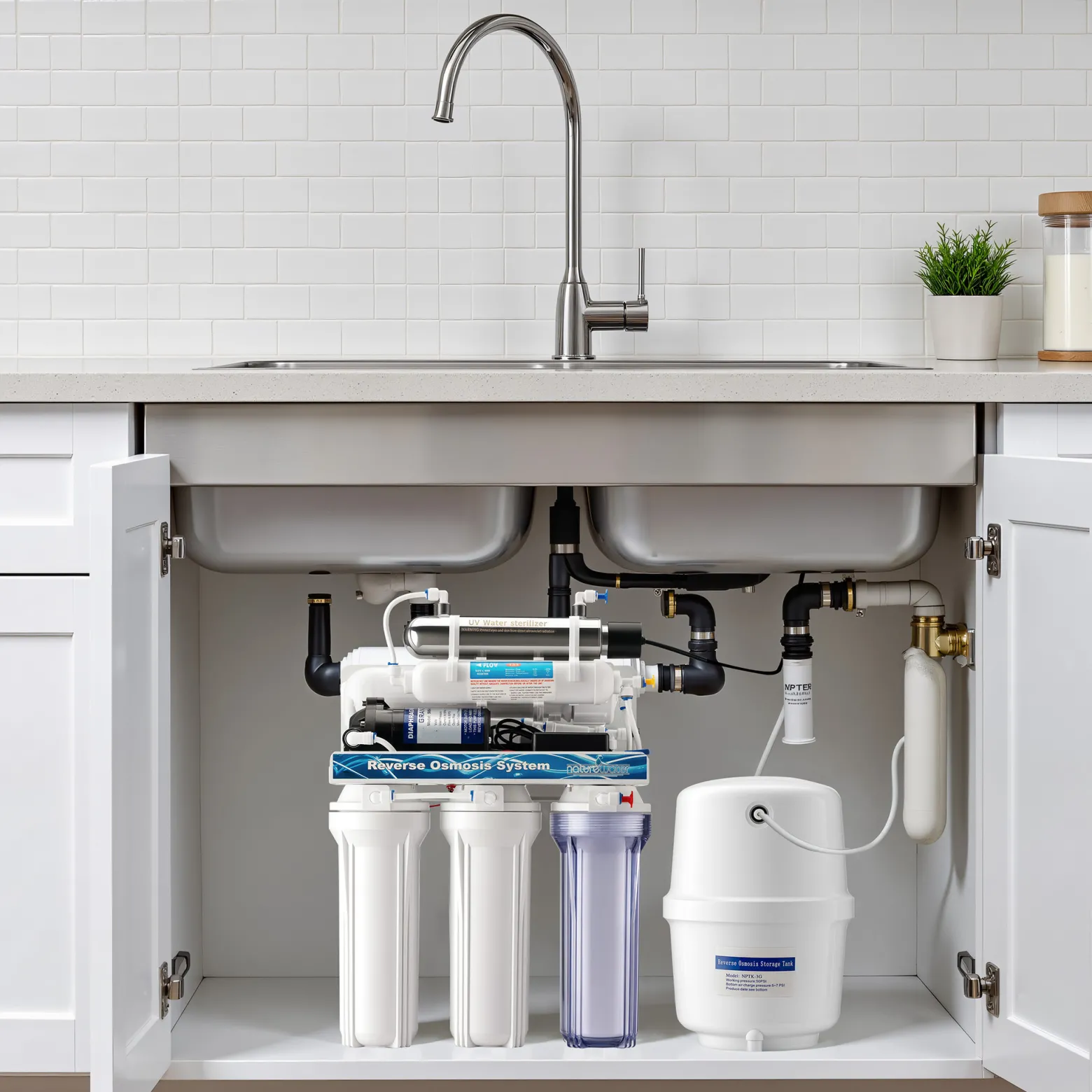 Naturewater 6 Stufen Umkehrosmose 180 L/Tag, RO Omsoseanlage mit UV Klärer und Druckerhöhungspumpe für sauberes Trinkwasser