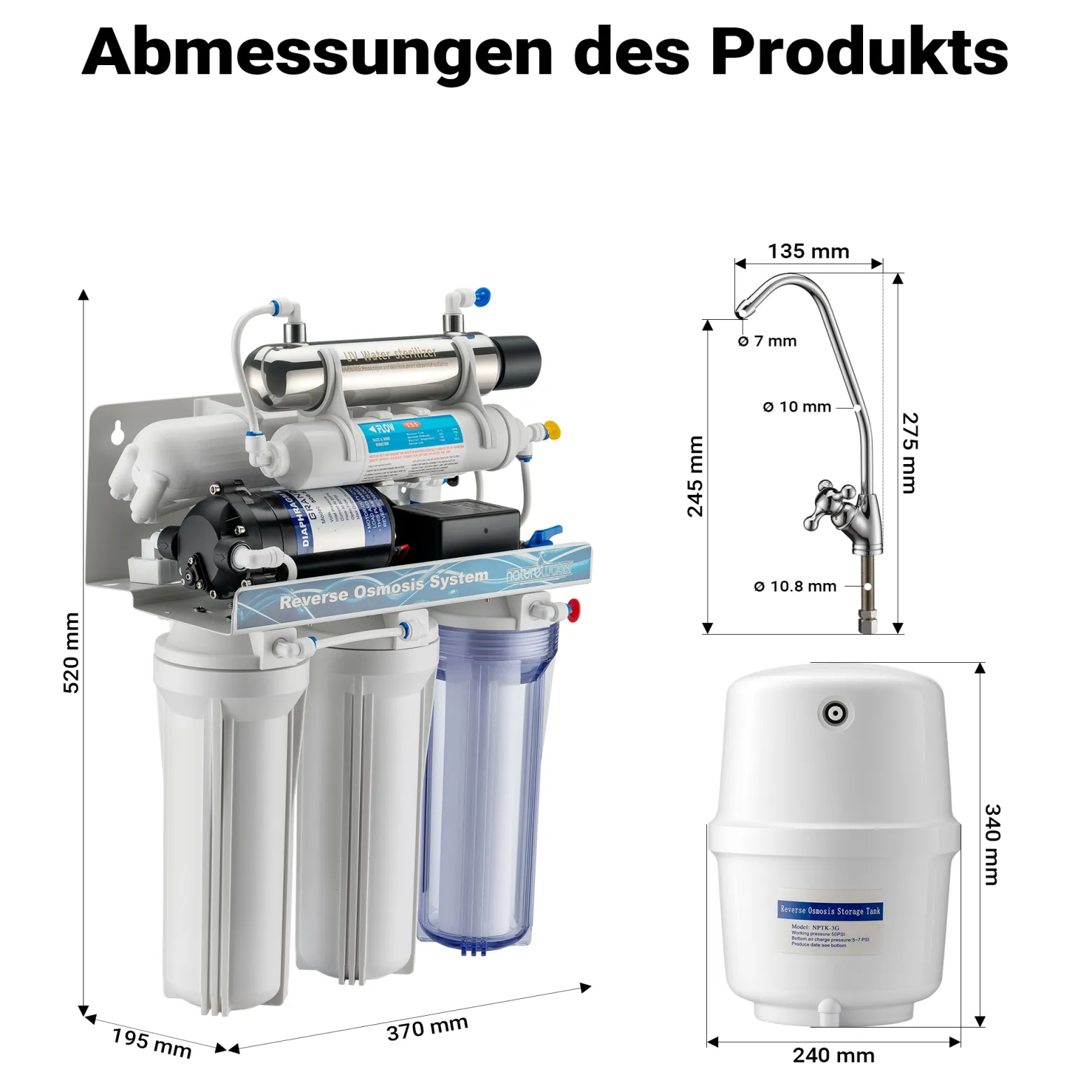 Naturewater 6 Stufen Umkehrosmose 180 L/Tag, RO Omsoseanlage mit UV Klärer und Druckerhöhungspumpe für sauberes Trinkwasser