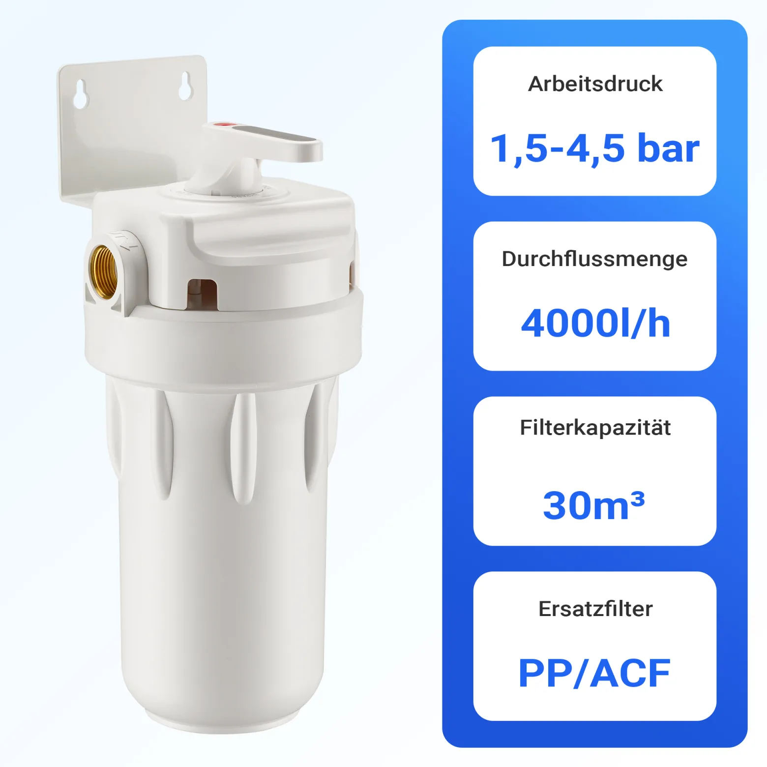 Naturewater Vorfilter für Wasserfilterung, Filterpatrone 10" aus PP, Trinkwasserfilter mit Rückspülfunktion, 1,5-5 bar Arbeitsdruck, Wasser zuhause filtern