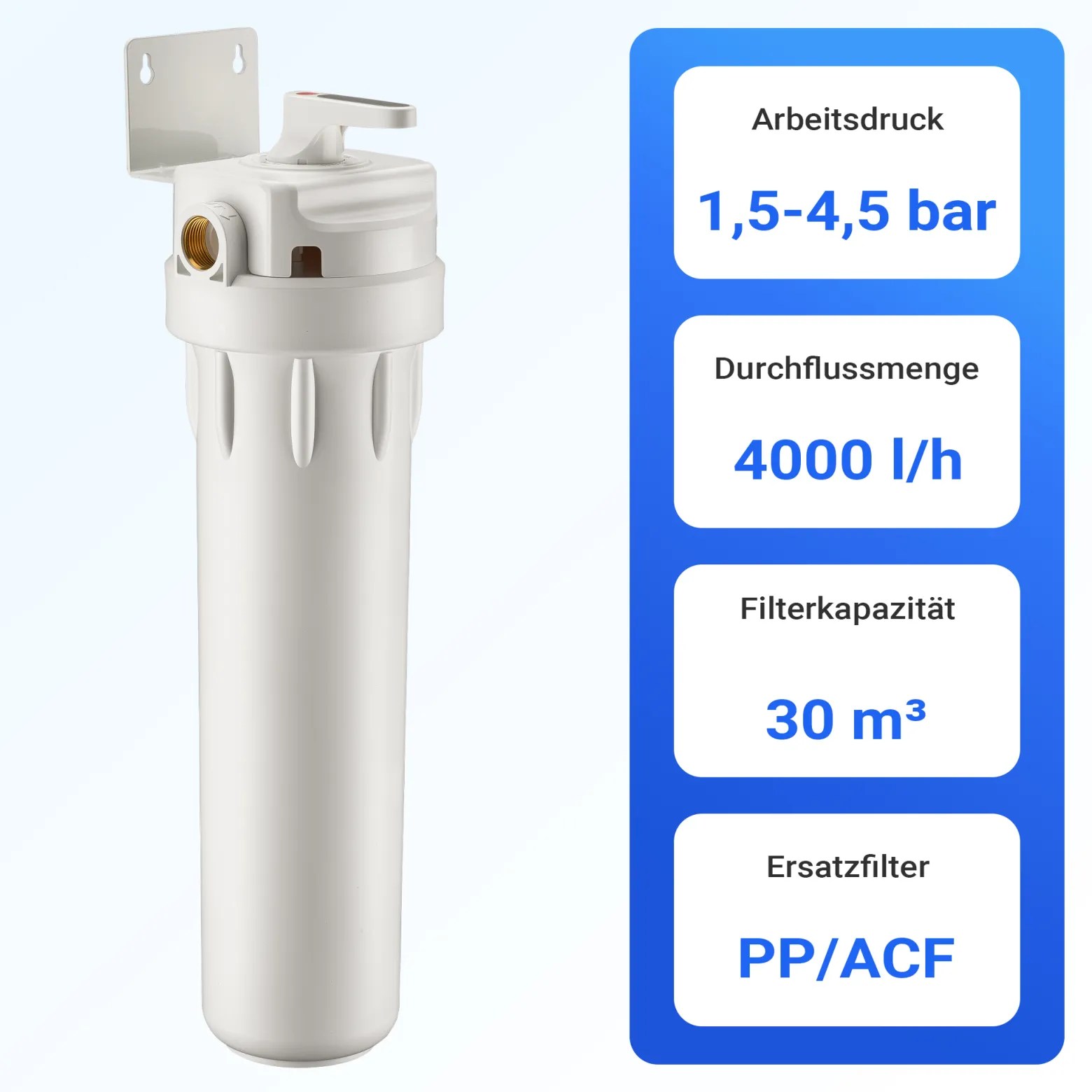 Naturewater Vorfilter für Wasserfilterung, Filterpatrone 20" aus PP, Trinkwasserfilter mit Rückspülfunktion, 1,5-5 bar Arbeitsdruck, Wasser zuhause filtern