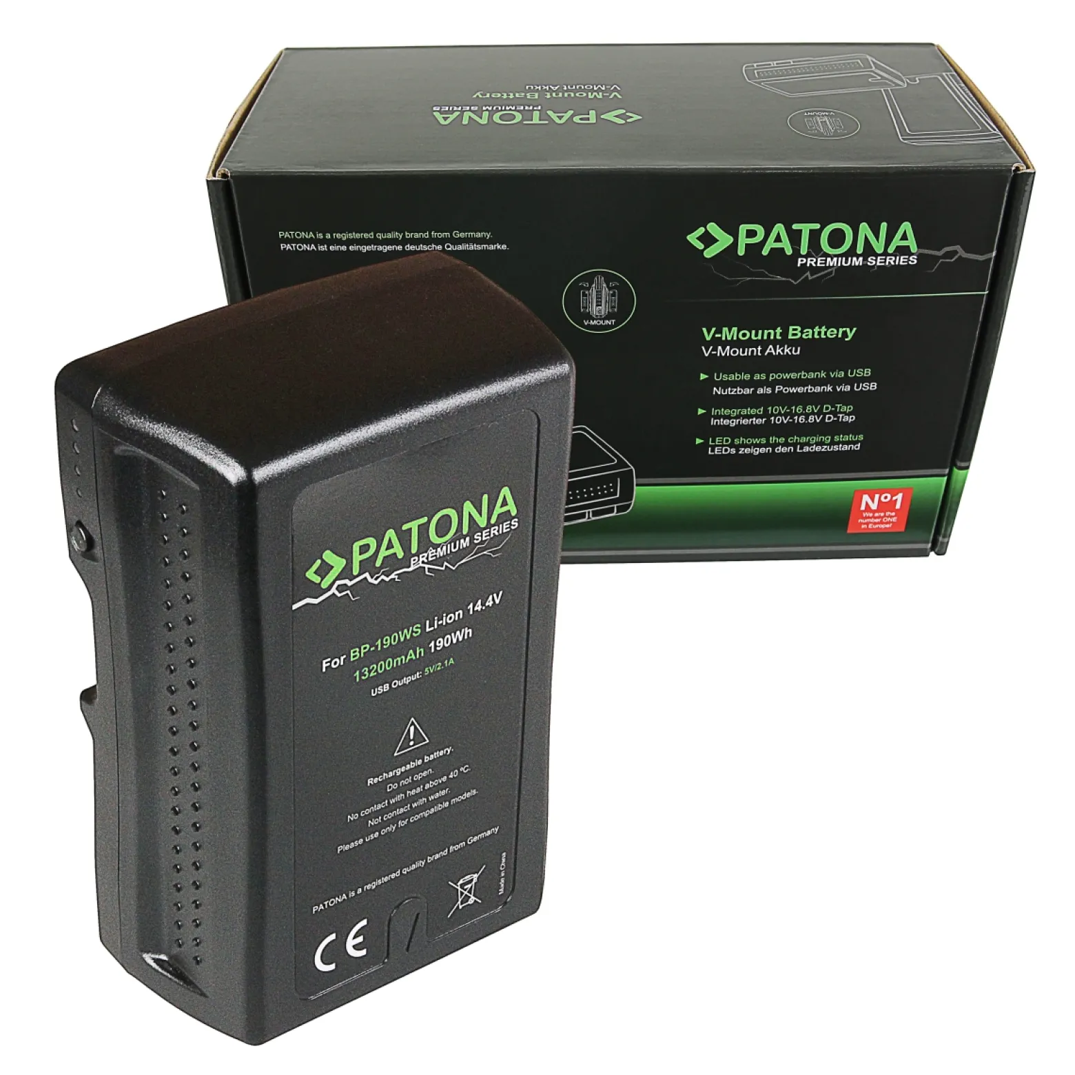 Patona V-Mount Akku, Lithium Ionen Ersatzakku 190 Wh / 14,4 V / 13200 mAh, für Kameras mit D-Tap und USB-Ausgang, Überhitzungs- und Überladungsschutz