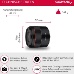 Samyang AF 45 mm F1,8 Objektiv kompatibel mit Sony FE, Kameraobjektiv für Vollformat und APS-C, Festbrennweite, Autofokus und 53° Bildwinkel, perfektes Kamerazubehör für Fotografie