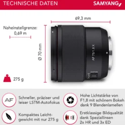 Samyang AF 75 mm Portraitobjektiv kompatibel mit Fujifilm X, Kamera Objektiv mit Lichtstärke F1,8 für Portraitfotos, kompaktes Kameraobjektiv mit Custom Switch, Portrait Objetktiv inkl. Wetterschutz