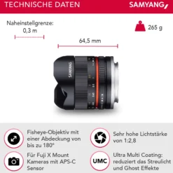Samyang MF 8mm F2,8 Fisheye II Objektiv kompatibel mit Fuji X, Fish Eye Kameraobjektiv mit 180° Bildwinkel, Fischaugenobjektiv für APS-C Sensor, Weitwinkelobjektiv mit manueller Scharfeinstellung