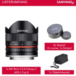 Samyang MF 8mm F2,8 Fisheye II Objektiv kompatibel mit Fuji X, Fish Eye Kameraobjektiv mit 180° Bildwinkel, Fischaugenobjektiv für APS-C Sensor, Weitwinkelobjektiv mit manueller Scharfeinstellung