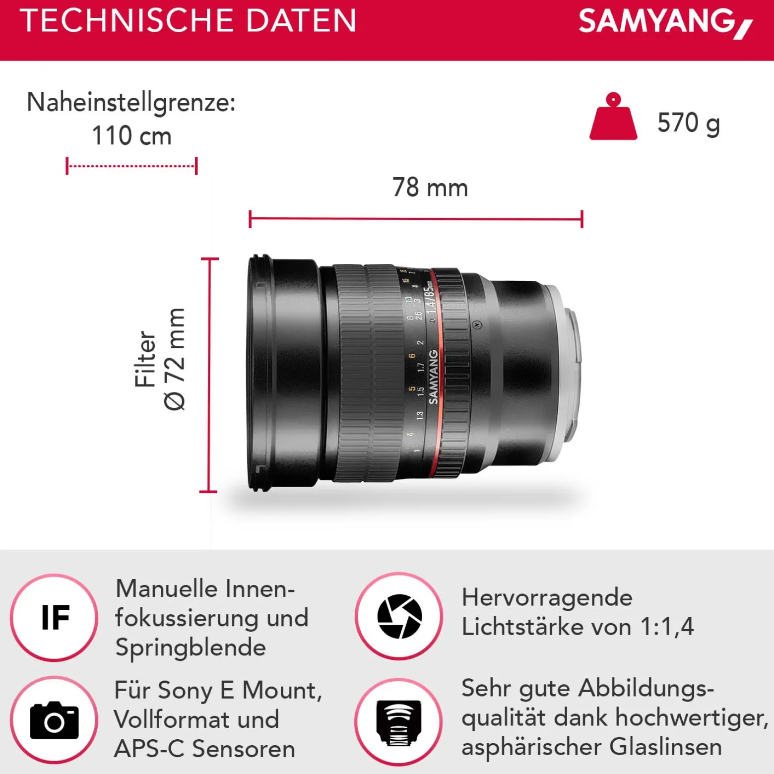 Samyang MF 85 mm Objektiv F1.4 AS IF UMC kompatibel mit Sony E, Kameraobjektiv für Vollformat und APS-C Kameras, hochwertiges Portraitobjektiv mit Innenfokussierung, hohe Lichtstärke