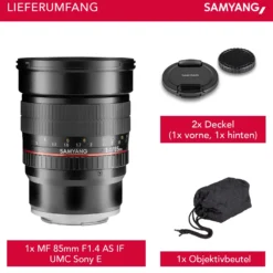Samyang MF 85 mm Objektiv F1.4 AS IF UMC kompatibel mit Sony E, Kameraobjektiv für Vollformat und APS-C Kameras, hochwertiges Portraitobjektiv mit Innenfokussierung, hohe Lichtstärke